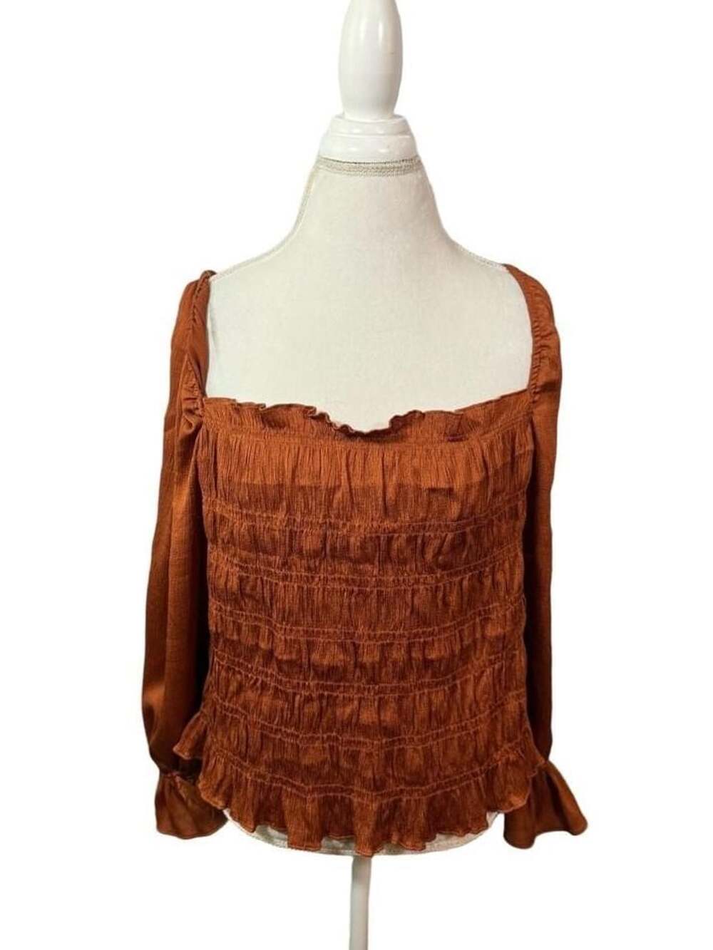 A New Day Women's XXL Caramel Brown Smocked Puff Long Sleeve Blouse